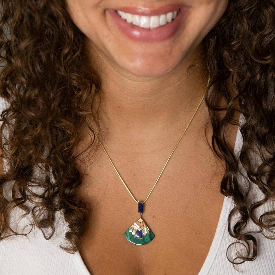 Art Deco Colorful Inlay Golden Pendant Necklace