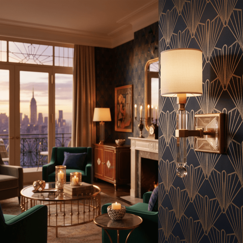 Elegant living room with Art Deco Crystal Sconce with Antique Brass Finish, capturing 1920s Parisian style and Jazz Age elegance.