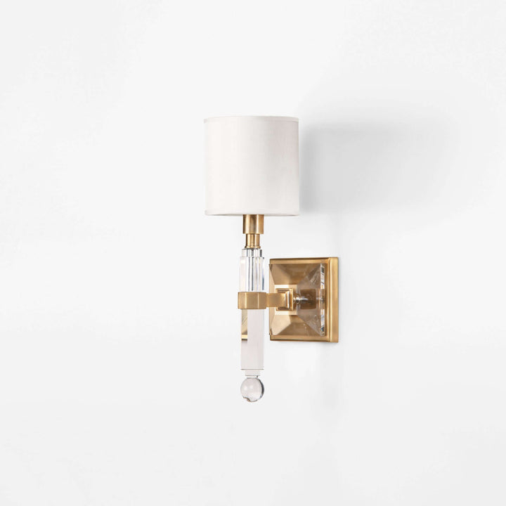 Art Deco Crystal Sconce with Antique Brass Finish featuring elegant 1920s Parisian design by Ian K. Fowler, showcasing brass and crystal elegance.
