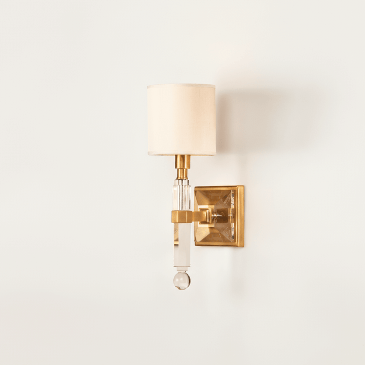 Art Deco Crystal Sconce with Antique Brass Finish on white wall, elegant 1920s inspired lighting fixture by Ian K. Fowler