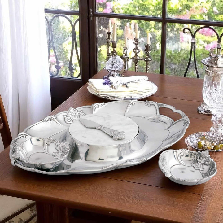 Fleur-De-Lis 5 Piece Serving Tray Set showcasing elegant hand-cast aluminum with French floral designs by Arthur Court