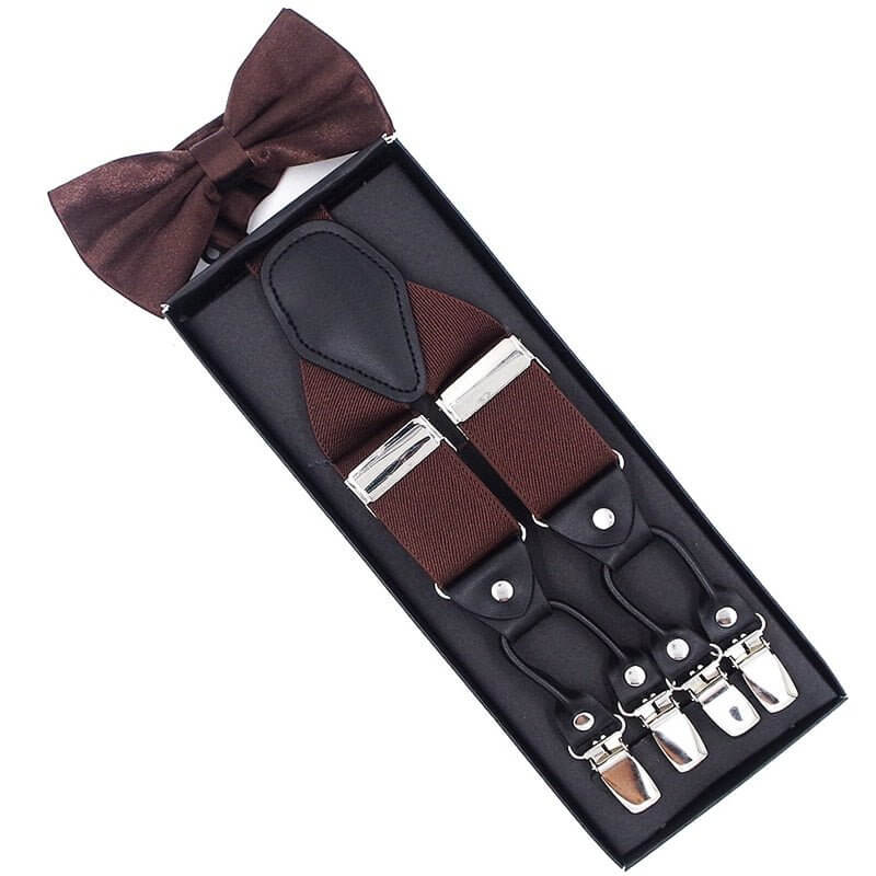 Vintage Suspenders with Bow Tie Set in box, elegant brown design, perfect for stylish occasions, timeless gentleman's accessory