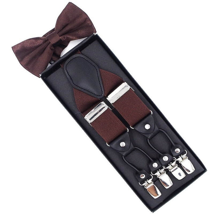 Vintage Suspenders with Bow Tie Set in box, elegant brown design, perfect for stylish occasions, timeless gentleman's accessory