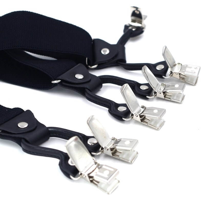 Close-up of Vintage Suspenders with Bow Tie Set, showcasing black suspenders with silver clips.