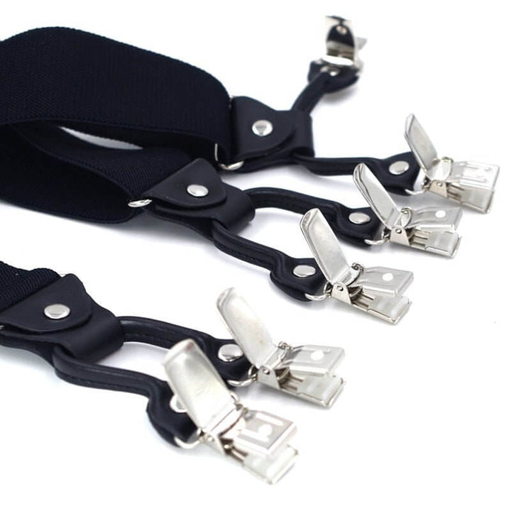 Close-up of Vintage Suspenders with Bow Tie Set, showcasing black suspenders with silver clips.