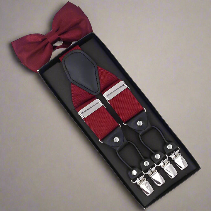 Vintage Suspenders with Bow Tie Set in classic red and black, showcasing timeless elegance for a refined gentleman's look.