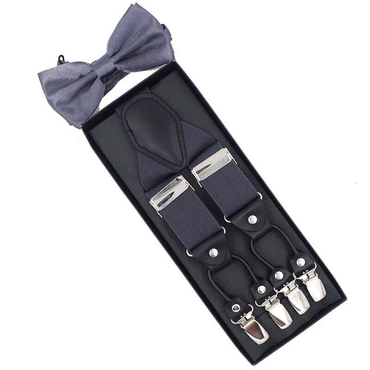Vintage Suspenders with Bow Tie Set in stylish packaging, showcasing classic elegance for a refined look. Ideal fashion accessory set.