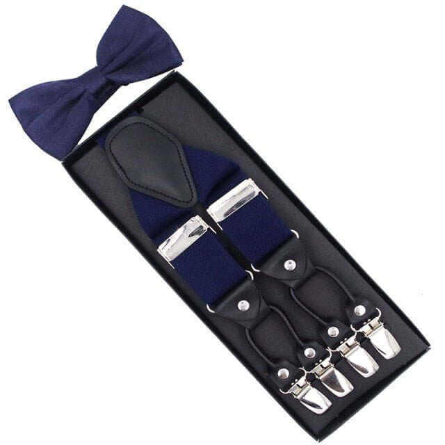 Vintage Suspenders with Bow Tie Set in classic navy blue for elegant and timeless style.