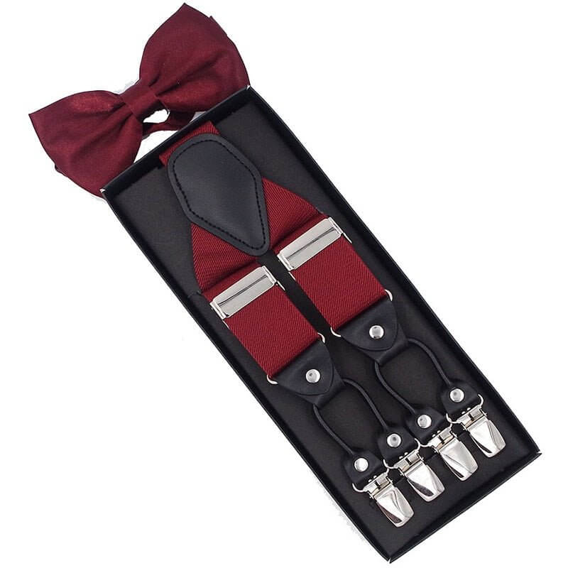 Vintage Suspenders with Bow Tie Set in burgundy color, showcasing timeless elegance and classic style for a refined look.