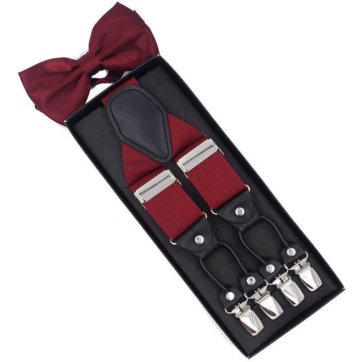 Vintage Suspenders with Bow Tie Set in burgundy color, showcasing timeless elegance and classic style for a refined look.