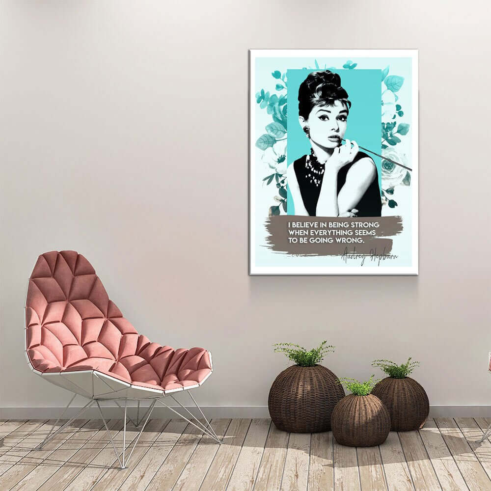 Audrey Hepburn Quote Canvas Wall Art displayed above a modern chair in a stylish room, featuring Hepburn's image and empowering quote.