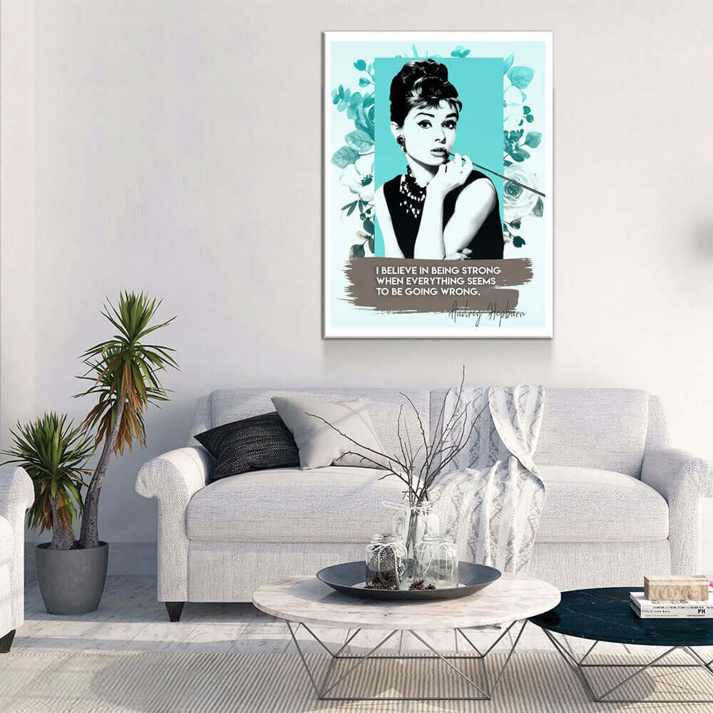 Audrey Hepburn Quote Canvas Wall Art featuring iconic image and empowering text, displayed in a modern living room.