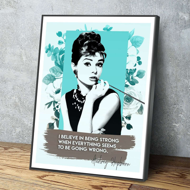 Canvas art featuring Audrey Hepburn with empowering quote, showcases elegance. Audrey Hepburn Quote Canvas Wall Art, graceful design.