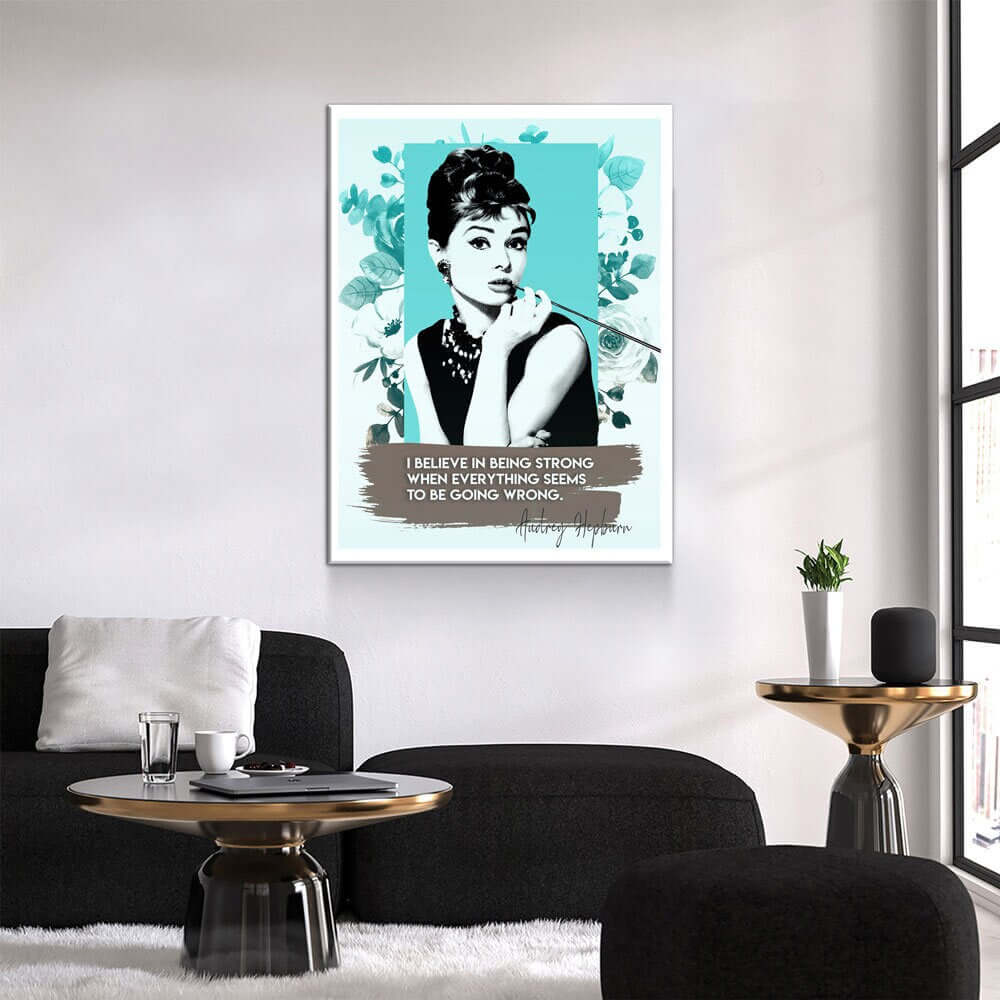 Audrey Hepburn Quote Canvas Wall Art displayed in modern living room
