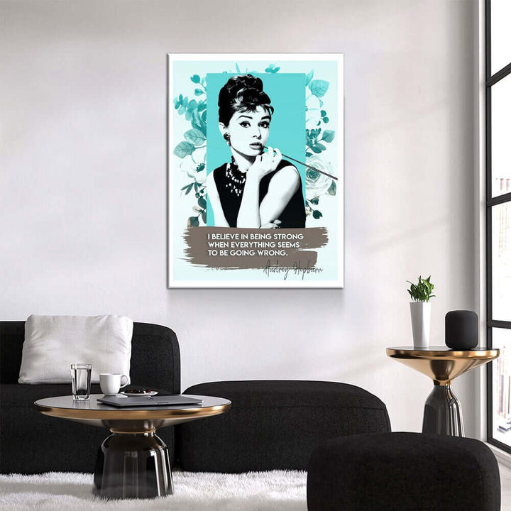 Audrey Hepburn Quote Canvas Wall Art displayed in modern living room