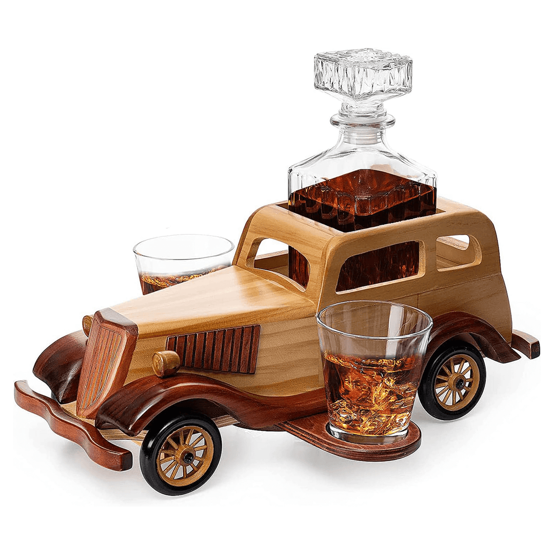 Wooden car-shaped decanter set with two glasses on a white background