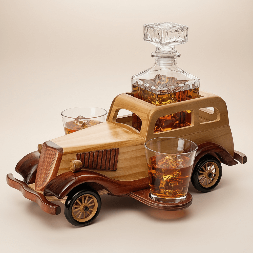 Wooden car-shaped decanter set with glasses on a beige background