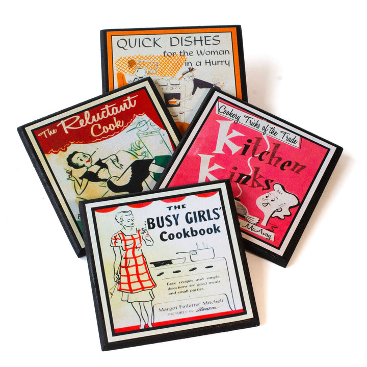 Four vintage-style cookbook coasters on a white background