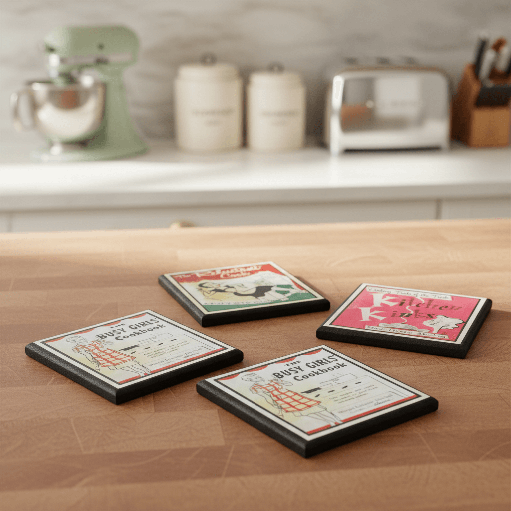 Four coasters with vintage-style designs on a wooden surface in a kitchen setting.