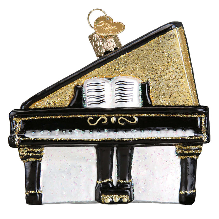 Elegant Baby Grand Piano Christmas Ornament with gold accents and intricate design, perfect for holiday decorations.