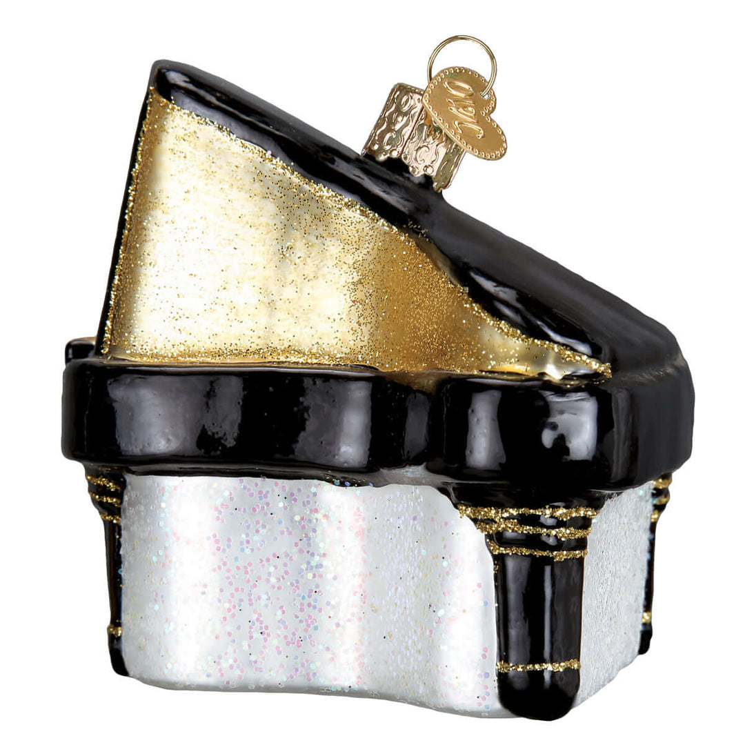 Baby Grand Piano Christmas Ornament with elegant gold and black design, perfect for holiday tree decoration.