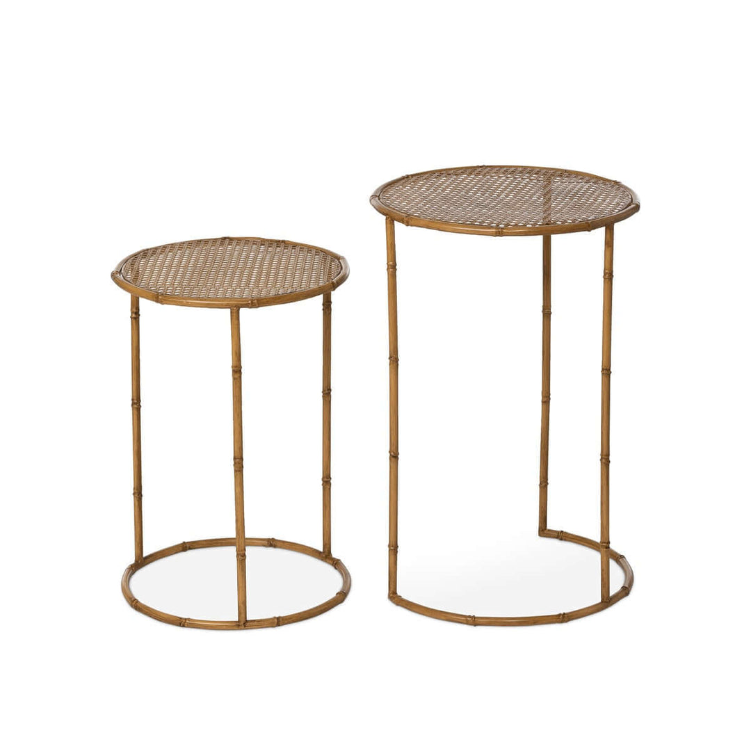 Bamboo Style Iron Nesting Tables Set featuring two round tables with bamboo-like design, elegant and durable for indoor use.