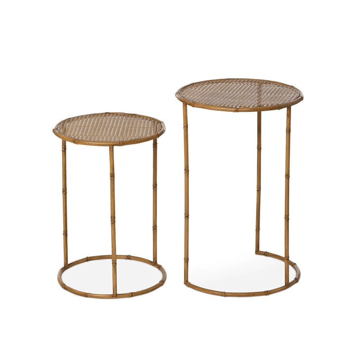 Bamboo Style Iron Nesting Tables Set featuring two round tables with bamboo-like design, elegant and durable for indoor use.