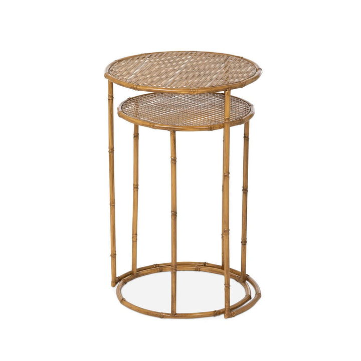 Bamboo style iron nesting tables set with warm natural glaze, elegant and practical design for versatile indoor use.
