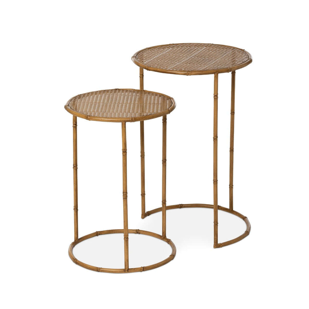 Bamboo style iron nesting tables set with natural glaze finish, featuring durable metal construction and elegant design.