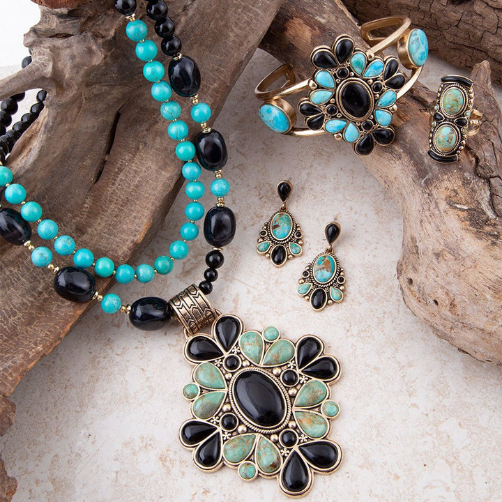 Barcelona Blue Turquoise and Black Onyx Post Drop Golden Earrings