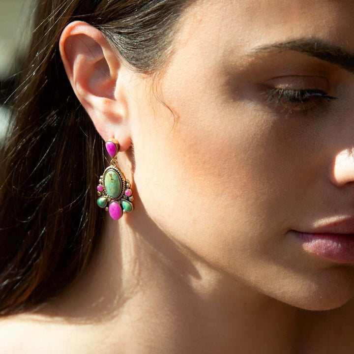 Barcelona Blue Turquoise and Pink Agate Golden Drop Earrings