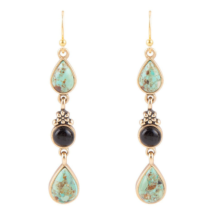 Barcelona Blue Turquoise and Black Onyx Linear Drop Golden Earrings