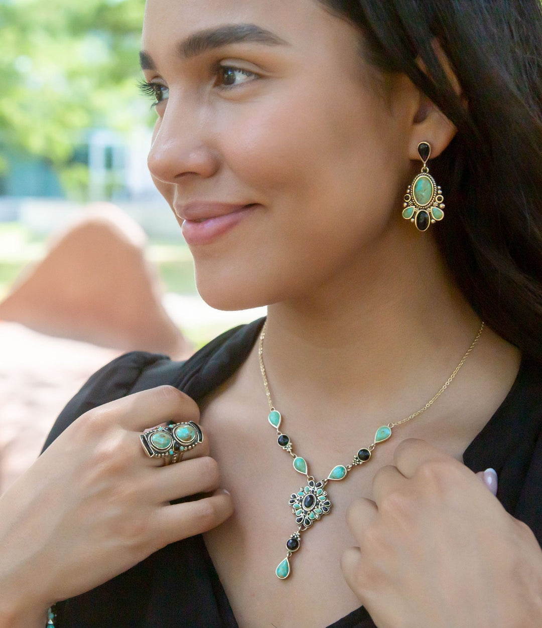 Barcelona Blue Turquoise and Black Onyx Post Drop Golden Earrings