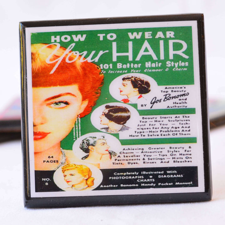 Vintage hair styling coaster with illustrations of hairstyles and text.