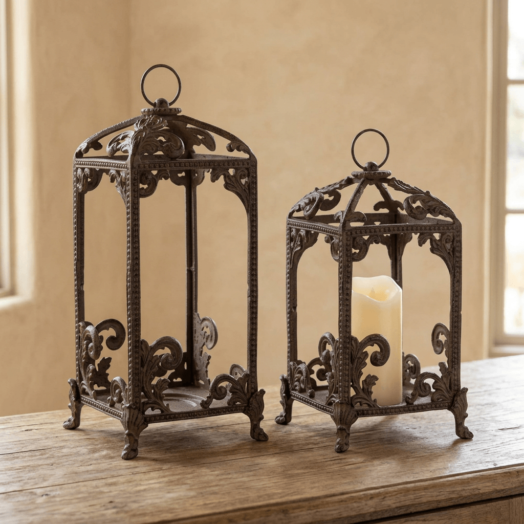 Bellavita Acanthus Lantern in 17-inch and 14-inch heights displayed together on a wood sideboard