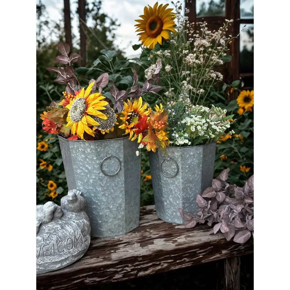 Beveled Zinc Planters with Ring Handles styled on rustic wood steps