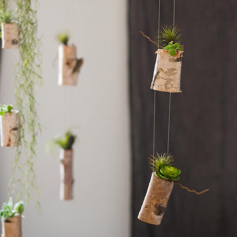 string hanging plant holder Birch Wood Tiny Planter String Hanging Planter Decoration