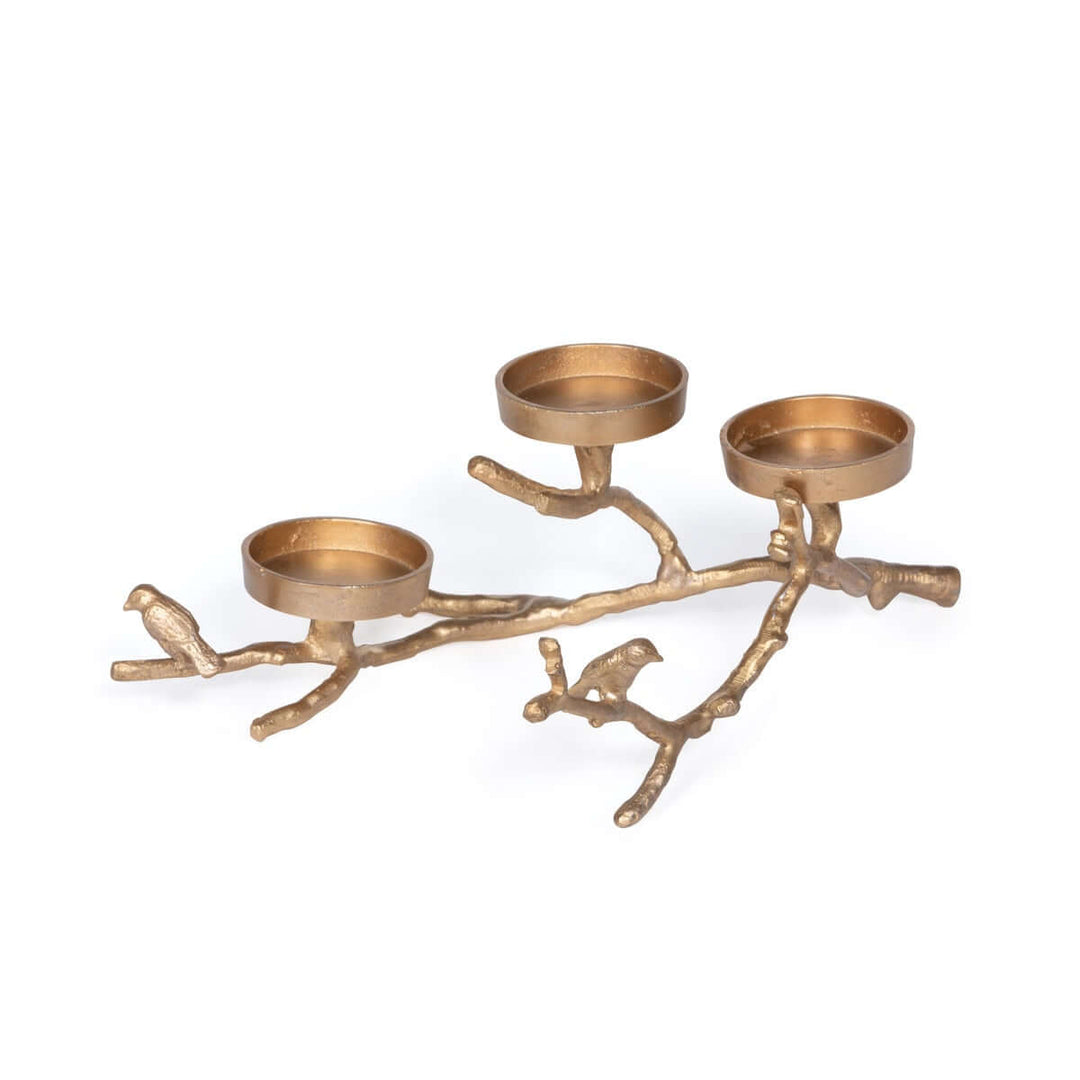 Bird Branch Candle Holder Centerpiece with soft gold finish featuring two songbirds and three candle holders for rustic decor.