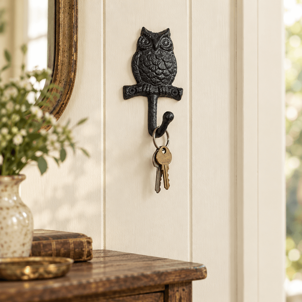 Black cast iron owl wall hook mounted on cream wood paneling with a small keyring