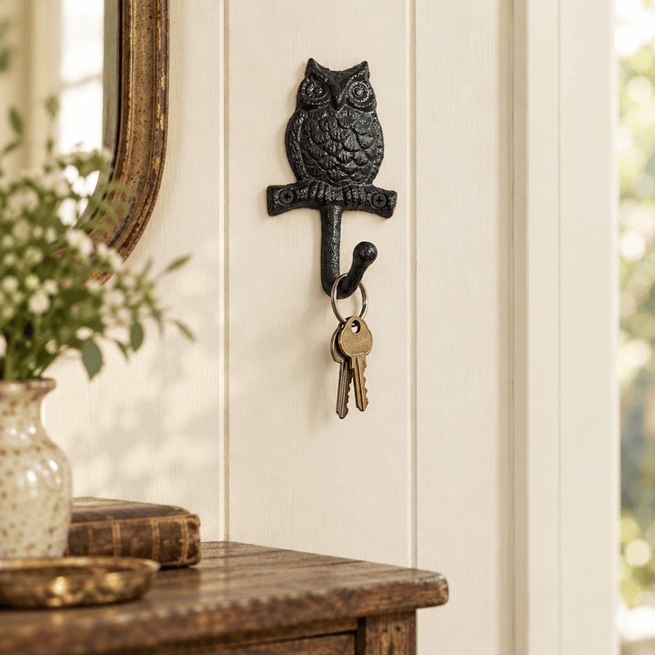 Black cast iron owl wall hook mounted on cream wood paneling with a small keyring