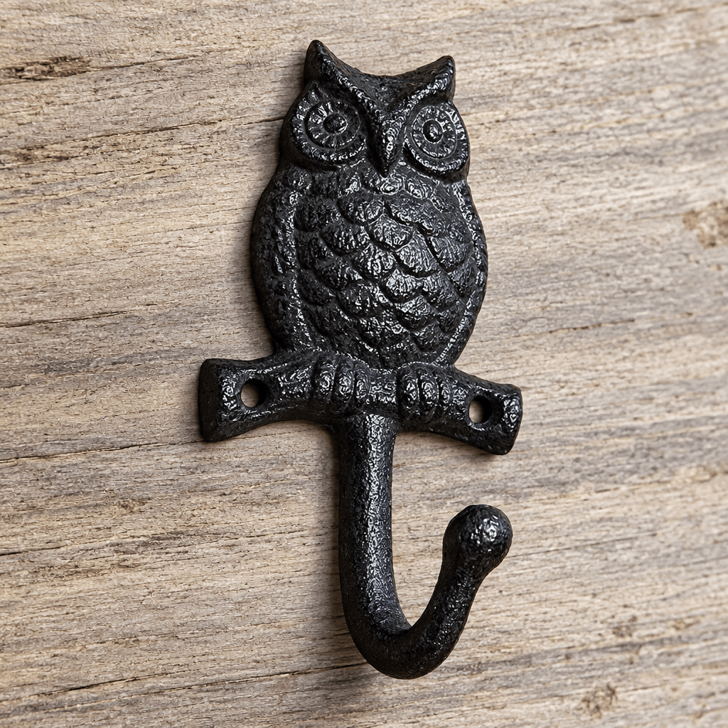 Close-up of the owl face, sculpted feathers, and curved black cast iron hook against pale wood