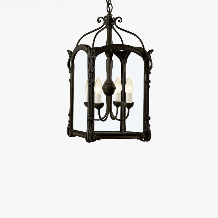 Antique Black Italian Carved Wood Lantern Chandelier