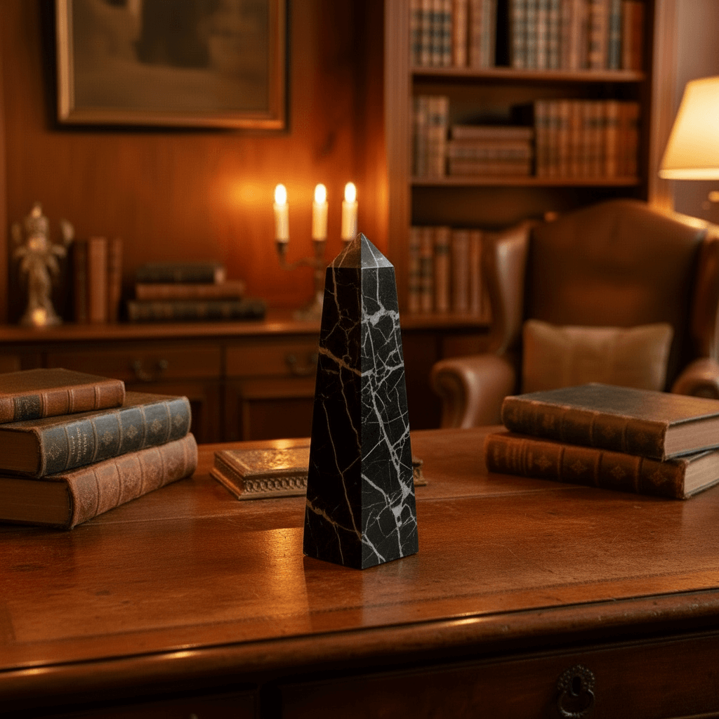 Black marble obelisk on a wooden desk with books and candles in a warm, cozy room.