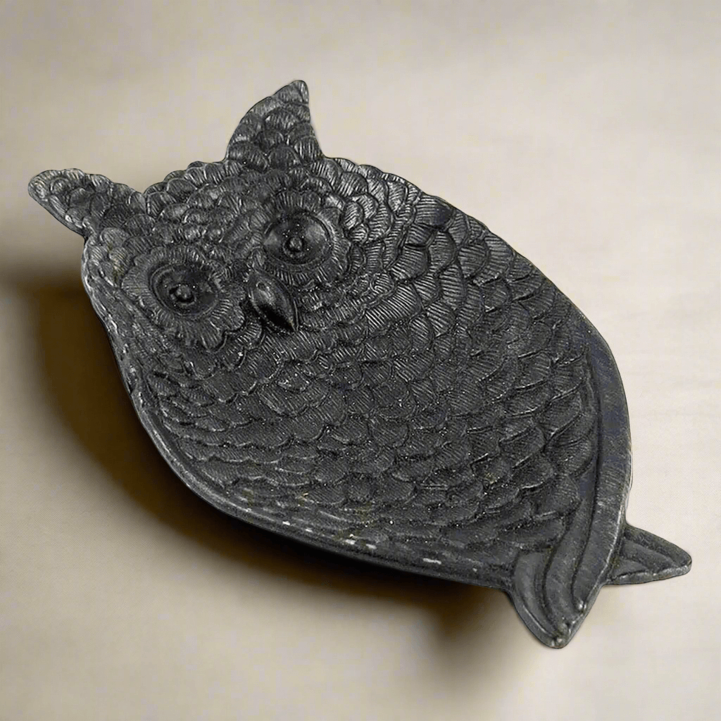 Vintage style Black Pewter Owl Trinket Tray with detailed feathers, matte finish, perfect for holding small treasures.