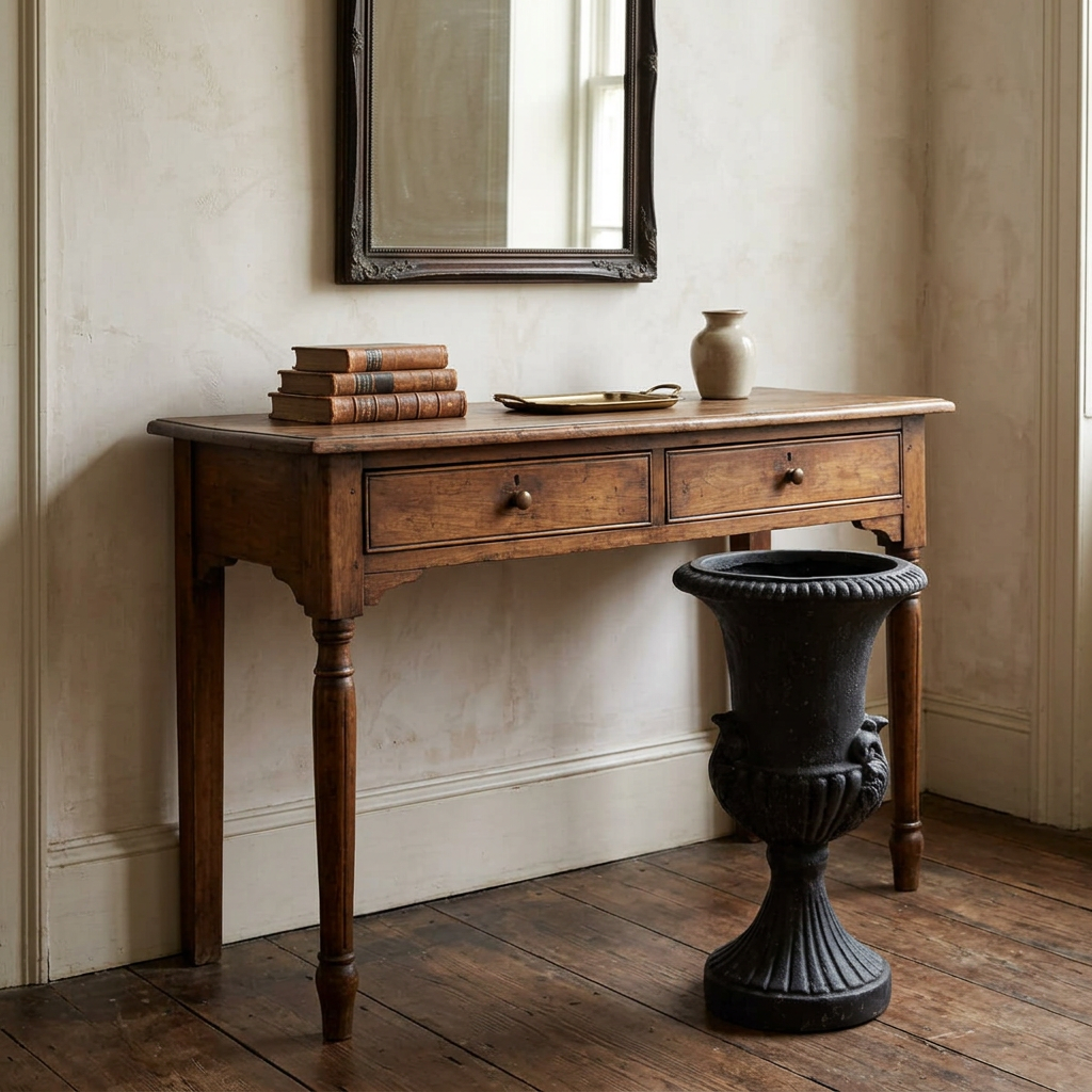 Black urn beside a console table for realistic scale