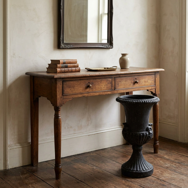 Black urn beside a console table for realistic scale