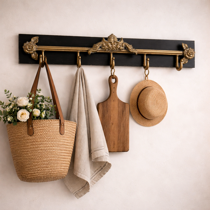 Black and antique gold wall rack holding a bag, towel, board, and hat