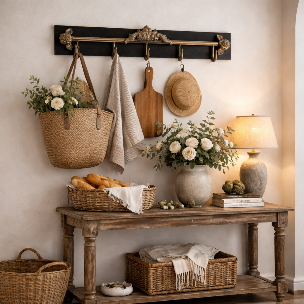 Decorative five-hook wall rack above a console table