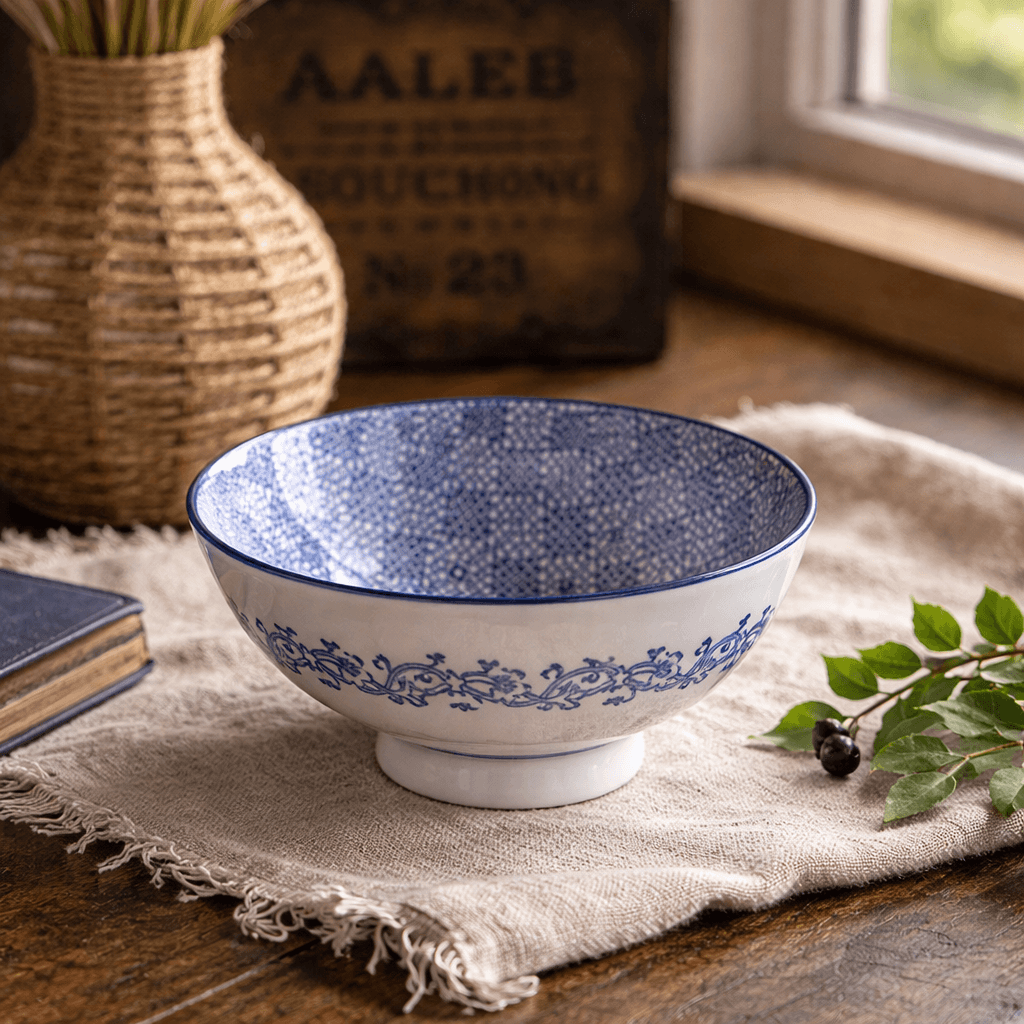 Blue and white diamond pattern small bowl in a styled setting
