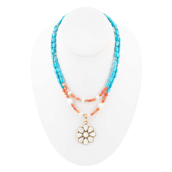 Blue and White Hibiscus Mother of Pearl Pendant and Necklace